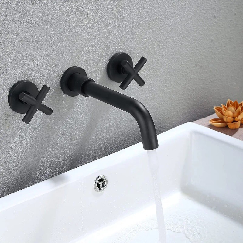 Modern Wall Mount Bathroom Sink Faucet Matte Black 2 Handle