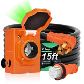 H HZXVOGEN 50 Amp Generator Cord and Power Inlet Box Kit, 15FT RV Extension Cord NEMA 14-50P/SS2-50R STW 6/3+8/1 AWG Power Cord with Pre-Drilled Generator Inlet Box Twist Lock Connector, UL&ETL Listed