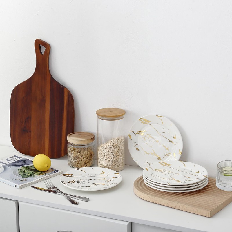 Loymokinar Modern 6-Piece Dinner Plate Set, 10-Inch White Marble Ceramic