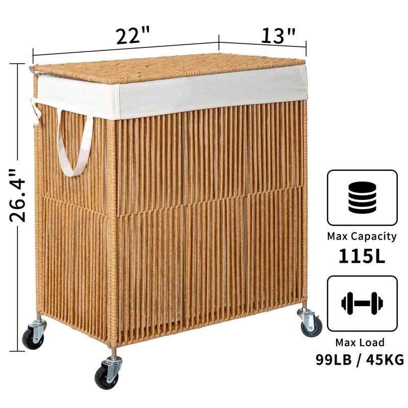 WOWLIVE Laundry Hamper with Wheels, Handwoven Rolling Laundry Basket with