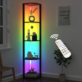 ROJASOP 5 Tiers Corner Shelf with Light Tall Display Shelf for Collectibles Control Multiple Color Lights via APP and Remote Control Floor Lamp with Shelf Supports Dimming for Living Room Bedroom Home
