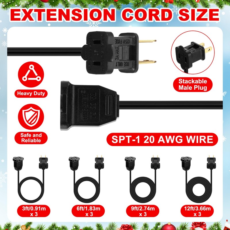 12 Pack 2 Prong Extension Cords, 3ft 6ft 9ft 12ft,
