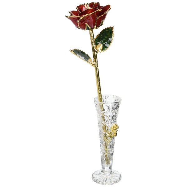 Living Gold Red 24k Gold Rose w/Crystal Vase Real Rose Dipped in Gold