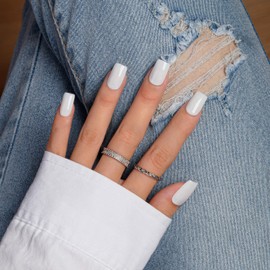 KQueenest White Press On Nails Short Square - Summer Press On Nails Medium Coffin, Sheer Milky White Fake Nails with Glue, Glossy Opaque, Reusable Soft Gel Glue on Nails for Women, 28 Pcs