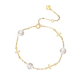 KECHO 14K Gold Freshwater Pearl Cross Bracelet 14K Solid Gold Pearl Jewelry Anniversary Birthday Gifts for omen