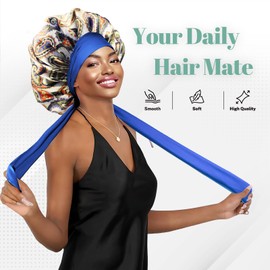 Ptrin Satin Bonnet, Double-Sided Silk Bonnets for Sleeping, Night Hairs Sleep Cap with Elastic Band,Head Cover Hat for Women Girls Long, Straight, Curly Hair for Women,Print Blue