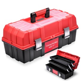 Auto Dynasty Tool Box Organizer Portable 3-layer Folding Toolbox with Non-slip Handle Tray for Garage, Workshop and On-the-Go Repairs, Red/Black