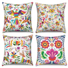 Hnmdmyi Kissenbezug Blumen 40x40 4er Set, Mexikanischen Bunten Ethnischen Vögel Blumen Dekorative Kissenbezüge Ästhetische Kunst Leinen Kissenhülle für Sofa Couch Bett Garten Outdoor Home Decor