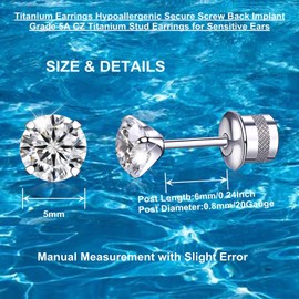 VGACETI Titanium Earrings, Hypoallergenic Screw Back G23 Implant Grade for Sensitive Ears 5mm Cubic Zirconia Titanium Stud Earrings for Women Men(SCB White)