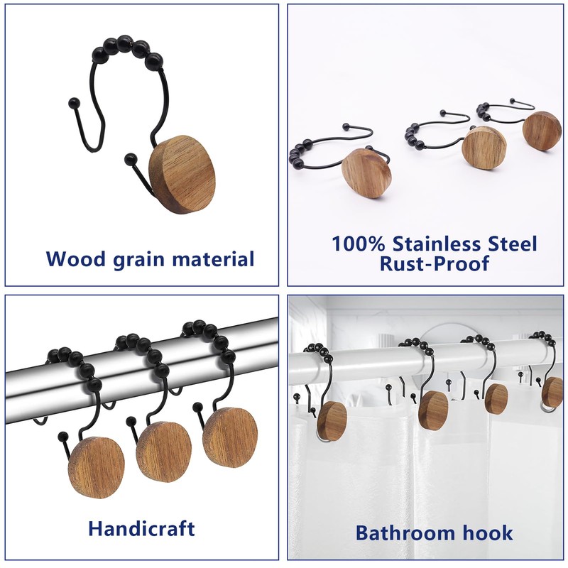 Double Shower Curtain Hooks, Wood Decorative Shower Curtain Rings, 12