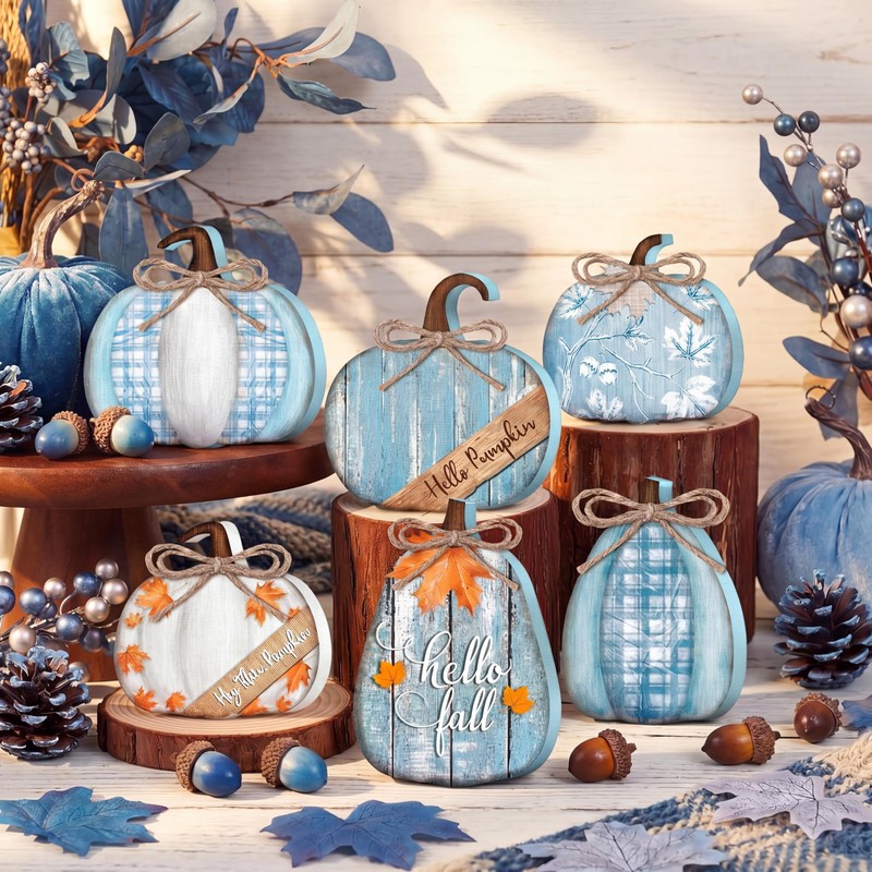 6 Pcs Fall Pumpkin Table Decor Wooden Signs, Blue and