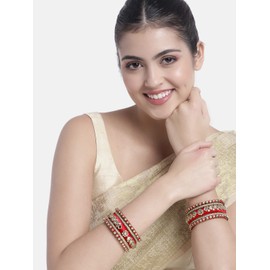 Aheli Red White Silk Thread Fabric/Stone Studded Kundan/Chura/Chuda Bangle Set Gift for Women Size 2.6"