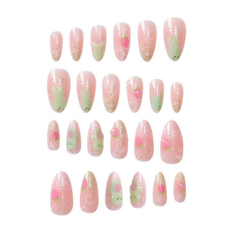 Glitter Press on Nails Short Almond Fake Nails with Strawberry