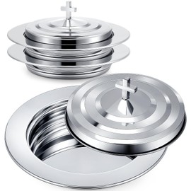 Zhehao 2 Plates Silver Communion Set with Lid, Stainless Steel Bread Tray Plates for Churches, Holy Communion Tray with Cover, Polished Church Supplies Ware Sets