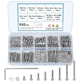 TOOINKCV 900 Pcs M2 Screws, Nuts and Washers Set - Hex Socket Head Cap Screws Kit - Stainless Steel Bolts Assortment - Metric Machine Screws With Fully Threaded Hex Nuts