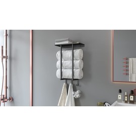 BETHOM Towel Rack with Metal Shelf and 3 Hooks for Small Bathroom, Towel Storage Wall Can Holds Up to 3 Large Size(63x40 inch) of Rolled Towels, Black