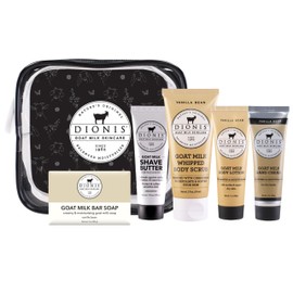 Dionis Goat Milk Skincare Vanilla Bean 6 Piece Self Care Essentials Travel Set - Bar Soap, Shave Butter, Hand Cream, Body Lotion & Whipped Sugar Body Scrub In Resealable Leak Resistant Carrying Case