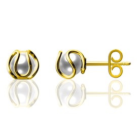 14K Gold Plated 925 Sterling Silver Wavy Caged Pearl Stud Earrings for Women