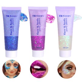 Body Glitter Gel Kit, Glitter Make Up Set, Face and Body Glitter Gel, 3 Colours, Holographic Chunky Glitter Gel for Face, Nails, Eyes, Lips, Hair, Body, Make-Up Glitter Sequin (C2)