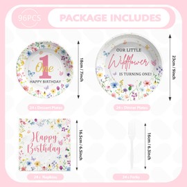 96Pcs Wildflower 1st Birthday Party Supplies Watercolor Wildflower Plates and Napkins Sets Our Little Wildflower is Turning One Party Decorations for Baby Shower Spring First Birthday Party,Serves 24