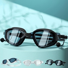 Vyloky Optical Swimming Goggles with Prescription, Dioptres: 0 to -8.0, Anti-Fog, UV Protection, Super Fit, Includes Nose Bridge and Sturdy Box, with Ear Plugs (Black, -3D)