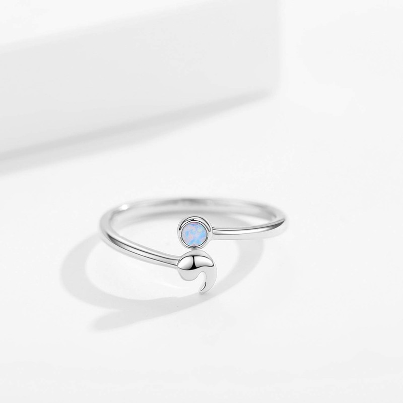 JUSTKIDSTOY Semicolon Ring 925 Sterling Silver Adjustable Open Opal Ring