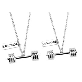 stylesilove Unisex Antique Silver Weight Lifting Fitness Sports Charms Dumbbell & Discipline Pendant Necklace, Set of 2