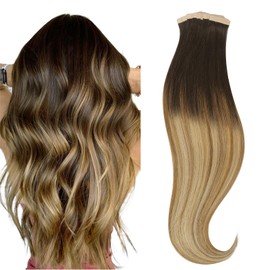 HOTBANANA Tape in Hair Extensions, 12 Inch Tape in Hair Extensions Human Hair 20pcs 40g Dark Brown to Light Brown and Ash Blonde Balayage Tape Hair Extensions Straight Human Hair Tape in Extensions