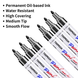 Black Paint Pens Permanent Paint Markers - 6 Pack Oil Based Marking Pens, Medium Point, Quick Drying and Waterproof Paint Pens for Rock Painting Car Tyre Metal, Plastic, Canvas, Wood