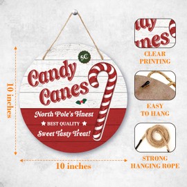 Christmas Wooden Signs, Candy Canes Christmas Front Door Decor, Rustic Xmas Holiday Home Wall Art Winter Wood Sign, Round Hanging Sign Decor With Rope, Christmas Gifts For Women Men -41