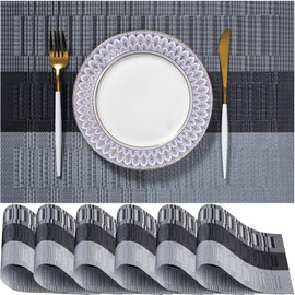 LEXMORE PVC Woven Placemats 6 PCS Wipeable Indoor/Outdoor Table Mats Washable Vinyl Place Mats for Dining Table, Set of 6-Silver Gray Black