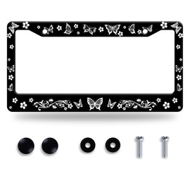 Black White Butterfly License Plate Frame Cute Flowers Floral License Plate Holder for Front and Rear Colorful License Plate Stainless Steel Auto Parts Decoration with Screws 12 x 6 Inch Men Women