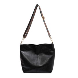 TQUXNGA Vintage Wide Strap Bucket Bag Large Capacity Commute Bag Fashion Crossbody Bag Simple Shoulder Bag Purse Elegant Handbag, Schwarz