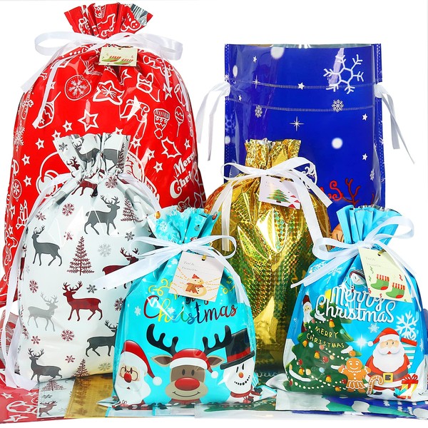 HRX Package Holiday Gift Wrapping Bags Drawstring, 15pcs Christmas Foil Sacks Pouches with Gift Tag for Xmas Presents Party Favor