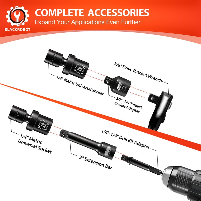 BLACKROBOT 1/4" Drive Universal Impact Socket Set, 16-Pieces Swivel Socket
