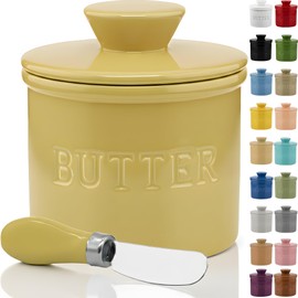 PriorityChef Butter Crock with Lid with Water Line, Ceramic French Butter Dish to Leave On Counter, Khaki