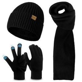 Okabay Winter Beanie Hat Scarf Gloves Set,Thick Knitted Hats Warm Long Knitted Scarf Thermal Touch Screen Gloves for Men Women,Elastic Outdoor Sports Warm Set for Skiing/Hiking/Running/Driving