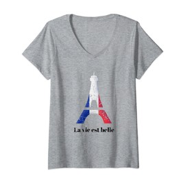 Women's Vintage Paris France Eiffel Tower La vie est belle T-Shirt with V-Neck