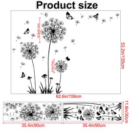 Buiory Dandelion Wall Decals Removable Flower Wall Stickers Peel and Stick Floral Butterfly Murals Dandelion Party Decoration for Bedroom Living Room Sofa Backdrop TV Dandelion Wall Decor (Black)