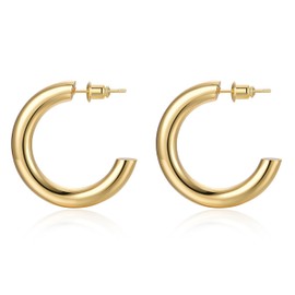FRUMOS 14K Gold Plated Lightweight Chunky Open Hoop Earrings for Women 5mm Thick Gold Chunky Earrings Trendy Gold Large Hollow Hoop Earrings, Size 40 MM Thick 5mm, Yellow Gold Plated, No Gemstone