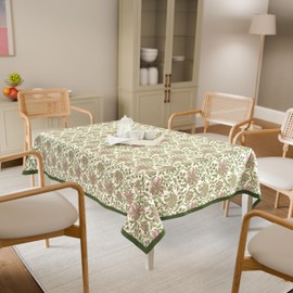 FINGERCRAFT Tablecloth 100% Cotton Floral Table Cover Washable Decorative Linen for Home Camping Outdoor Picnic Dining Table 54 x 72 Inch Summer Block