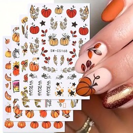 Fall Nail Stickers Decals Set of 4, Fall Thanksgiving Nail Accessories for Women Girls Floral Pumpkin Designs, Self-Adhesive Plastic Decorations for Manicure