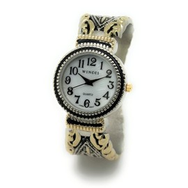 Wincci Ladies Elegant Western Concho Vintage Style Decorated Metal Bangle Cuff Fashion Analog Quartz Watch Mother of Pearl Dial Easy to Read Black Numbers Black Hour Minute Second Hands (Two Tone)