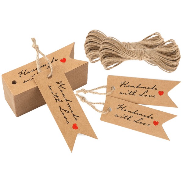 Handmade With Love Kraft Paper Tags 100 Pieces Gift Tags 7 x 2.5 cm for Crafts Christmas Thanksgiving Favors with Jute Twine (Brown)