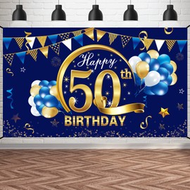 Kauayurk Decoración de pancarta de feliz cumpleaños azul para hombres, telón de fondo de cumpleaños azul y dorado, suministros de fiesta, decoración de letrero de fondo de fotos de cumpleaños (azul 50)