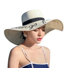 [Lhyxuuk] 麦わら帽子 レディース 大きめ かわいいストローハット 折りたたみハット 15cm 超つば広 日焼け防止 紫外線対策 UVカット涼しい むぎわら帽子 エレガントビーチ リゾート 釣り 旅行に (JP, 数字サイズ, 53.0 cm, 58.0 cm, クリーム・ホワイト)