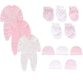 Ecojoy Baby Sleepwear Pack of 3 Newborn Sleepsuit with 5 Hats and Mittens, 0-12 Months Zip Sleep Suit