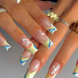 French Tip Press on Nails Yellow Blue Fake Nails with White Flower Design Nude Glossy Glue on Nails Medium Coffin False Nails Artificial Acrylic Full Cover Stick on Nails for Women Manicure 24Pcs