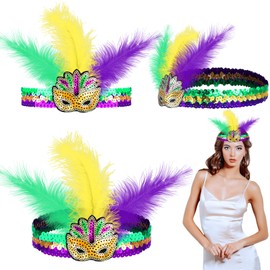 WILLBOND Mardi Gras Headband Sequin for New Orleans Masquerade Mask Party Faux Feather Purple Cocktail Headwear (Eye Mask)
