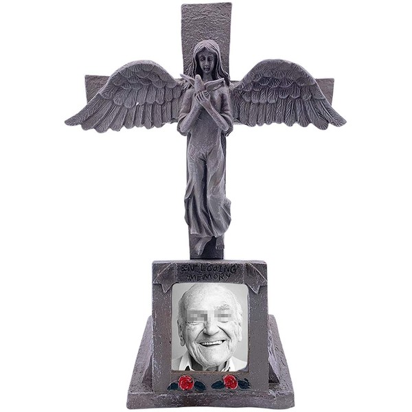 JF MALL Solar Lighted Cross - Angel Cemetery Decoration Grave Headstone Memorial - Automatically Lights Up at Night